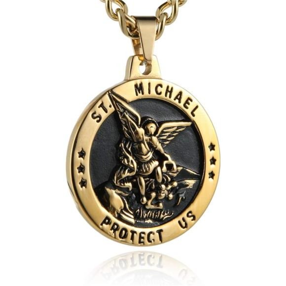 St Michael The Archangel  Stainless Steel Amulet Pendant Necklace 22+2"  Chain - Picture 3 of 4